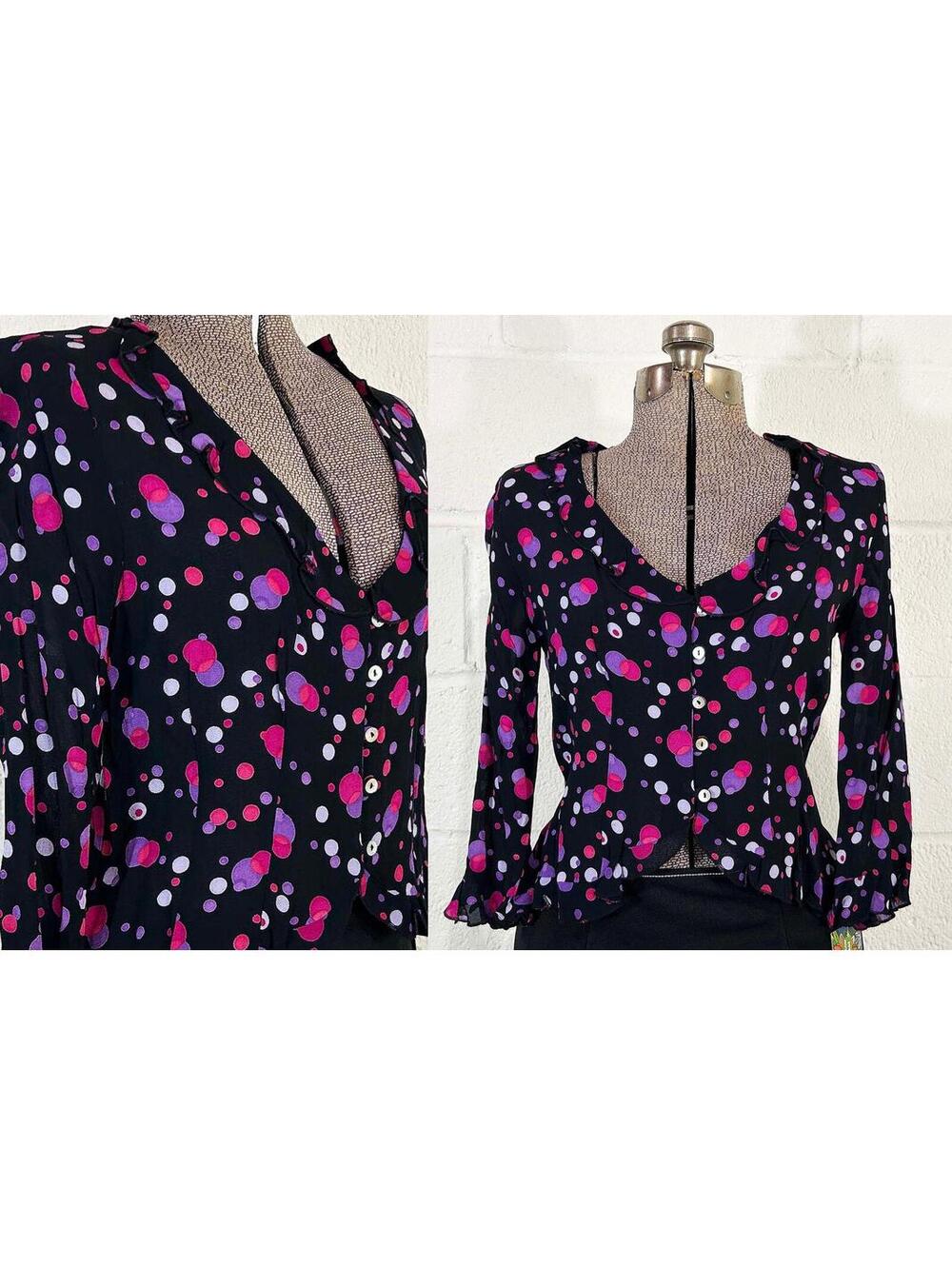 Vintage Black Polka Dot Y2K Blouse Purple Pink Ruffles Deep V Neck XS